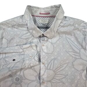 Ted Baker London Button Down Shirt Mens Sz 7 White Blue Floral All Over Print